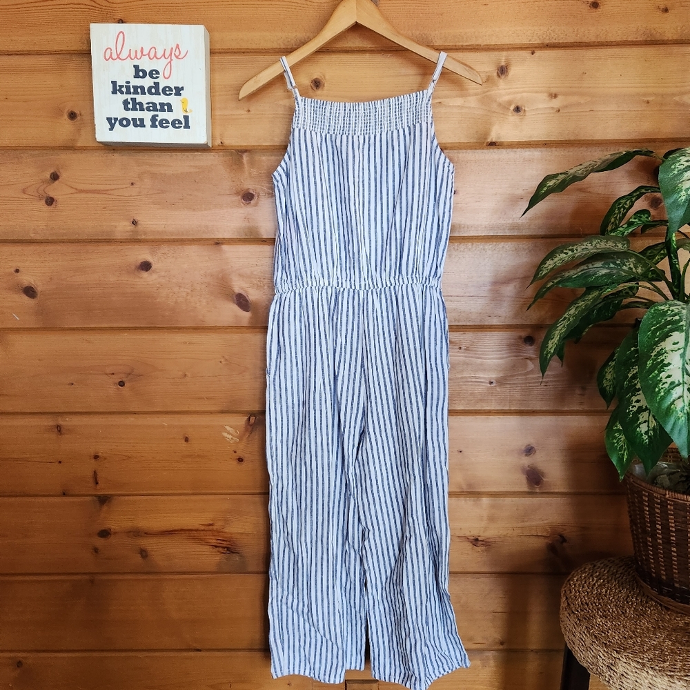 Beach Lunch Lounge 💜 Cami Romper Jumpsuit Linen Blend Striped Pocket Shirred XS
